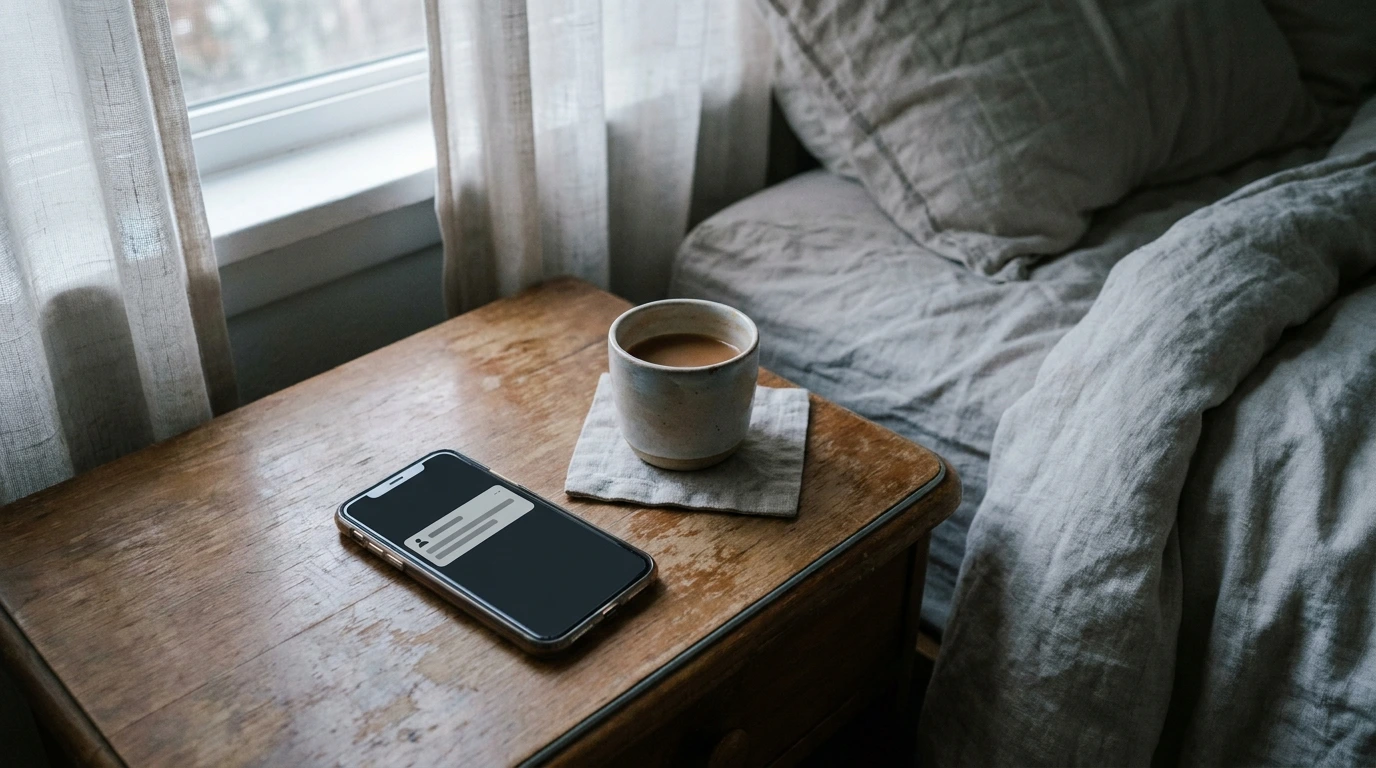 A smartphone on a wooden bedside table at morning with a fresh push notification visible, beside a coffee cup, showing how InstantAlert delivers Vinted alerts the moment a match goes live.