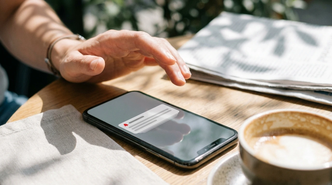 A hand mid-tap above a smartphone on a sunny outdoor cafe table, the phone showing a fresh InstantAlert push notification with a small red bell icon, beside a coffee and folded newspaper, the moment of catching a new Vinted listing while out and about.