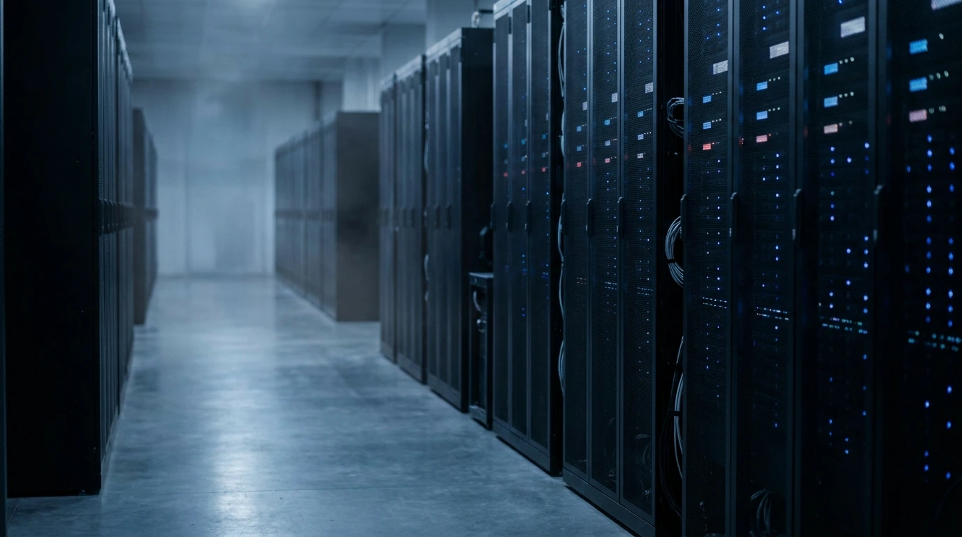 A cool, modern datacenter aisle with rows of server racks and blue and red status LEDs receding into the distance, illustrating that InstantAlert runs Vinted scraping on remote cloud infrastructure rather than on the user's phone or home network.
