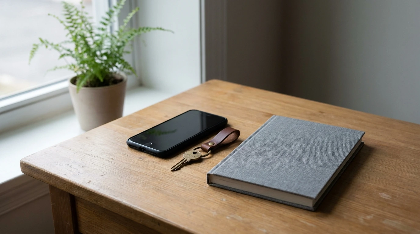 A smartphone resting face-down on a clean wooden desk next to a brass key on a leather keyring and a notebook, conveying the calm and private experience of letting InstantAlert watch Vinted in the background.