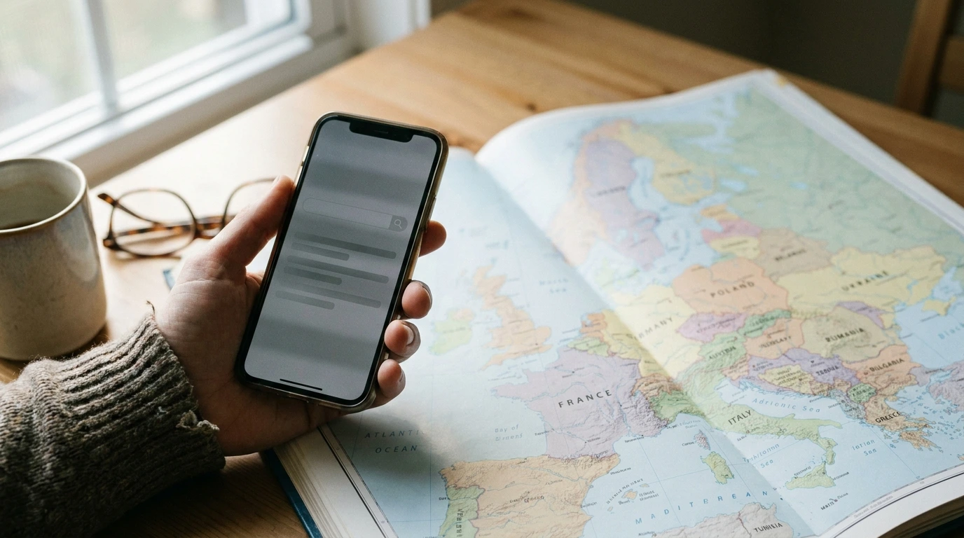 A hand holding a smartphone above an open paper atlas of Europe, illustrating how InstantAlert lets you set up Vinted alerts across any country's Vinted market.