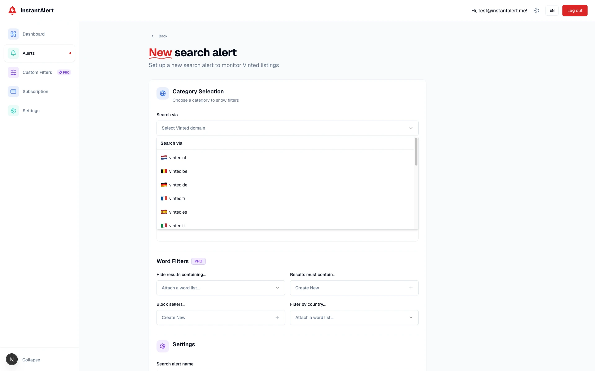 The Vinted country picker in InstantAlert with vinted.nl, vinted.be, vinted.de, vinted.fr, vinted.es and vinted.it listed so you can set up alerts across any Vinted market.