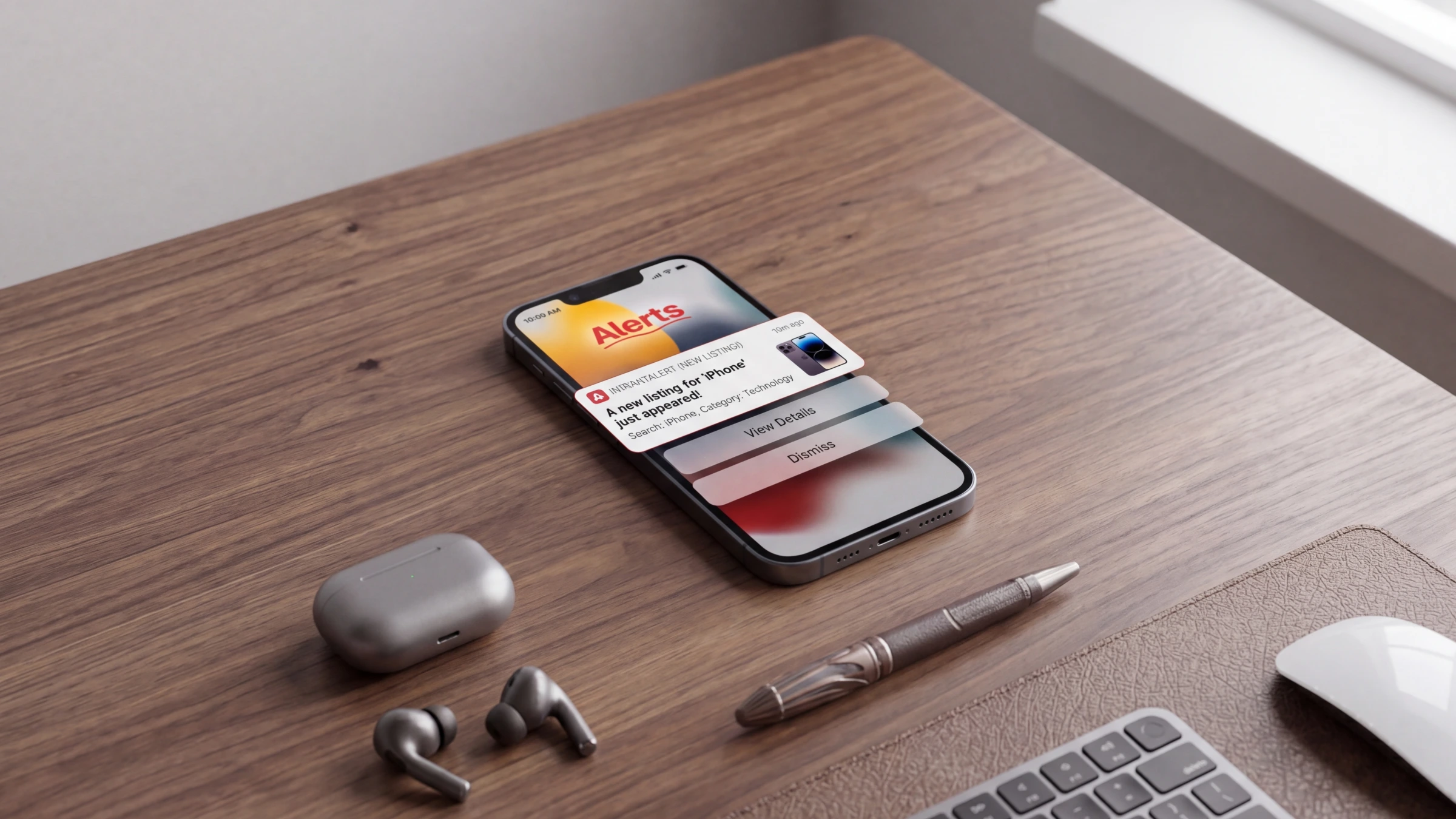 A smartphone on a wooden desk receiving an InstantAlert push notification that a new Vinted listing has appeared for the saved 'iPhone' search, with earbuds, a pen and a keyboard around it.