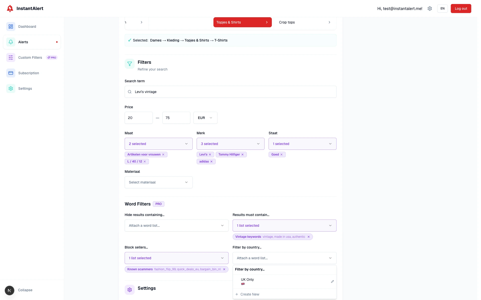 Attaching a country filter list to a Vinted alert in InstantAlert, restricting matches to sellers from selected Vinted markets.