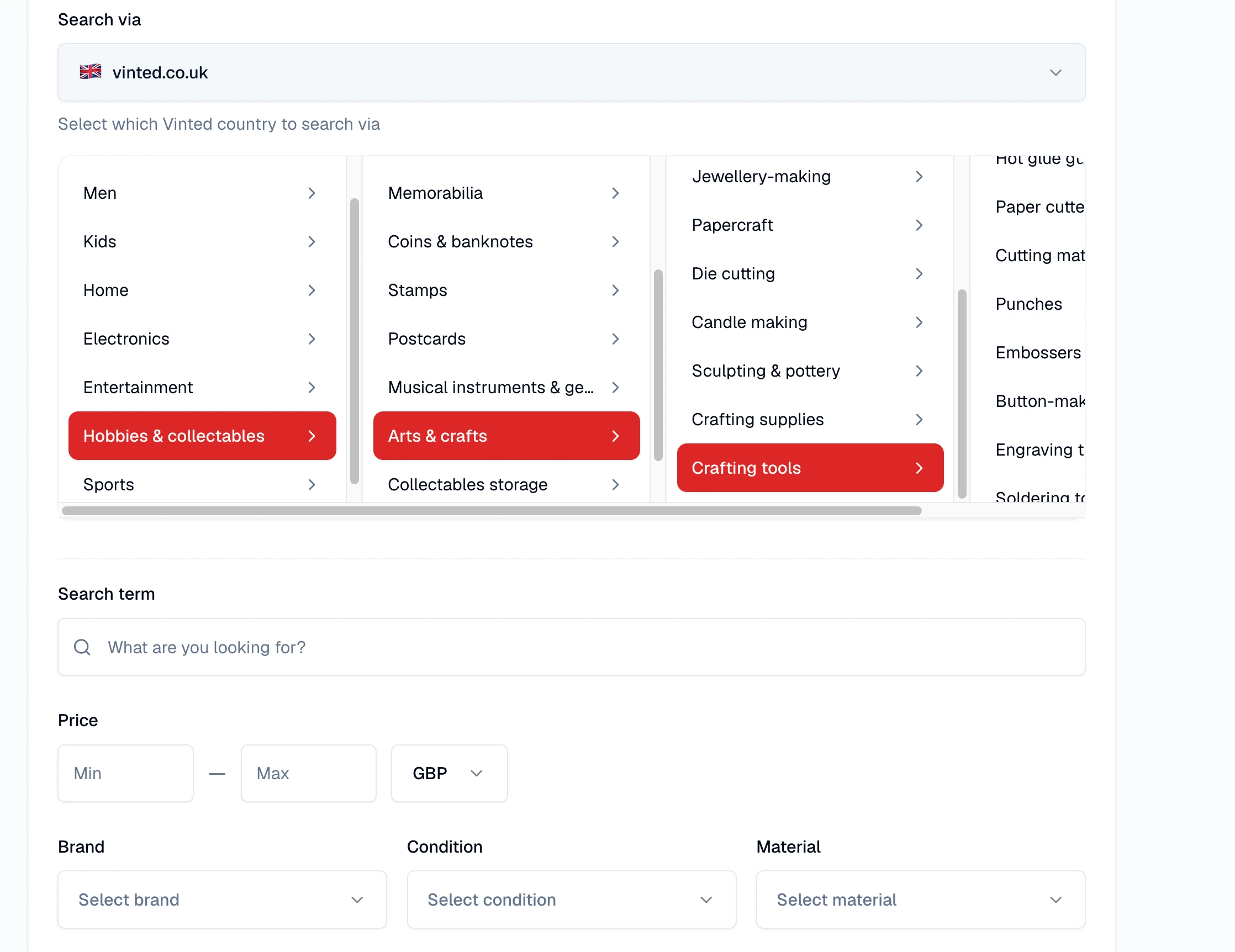 Drilling into a Vinted category in InstantAlert on vinted.co.uk: Hobbies & collectables > Arts & crafts > Crafting tools, with search term, GBP price range, brand, condition and material filters underneath.