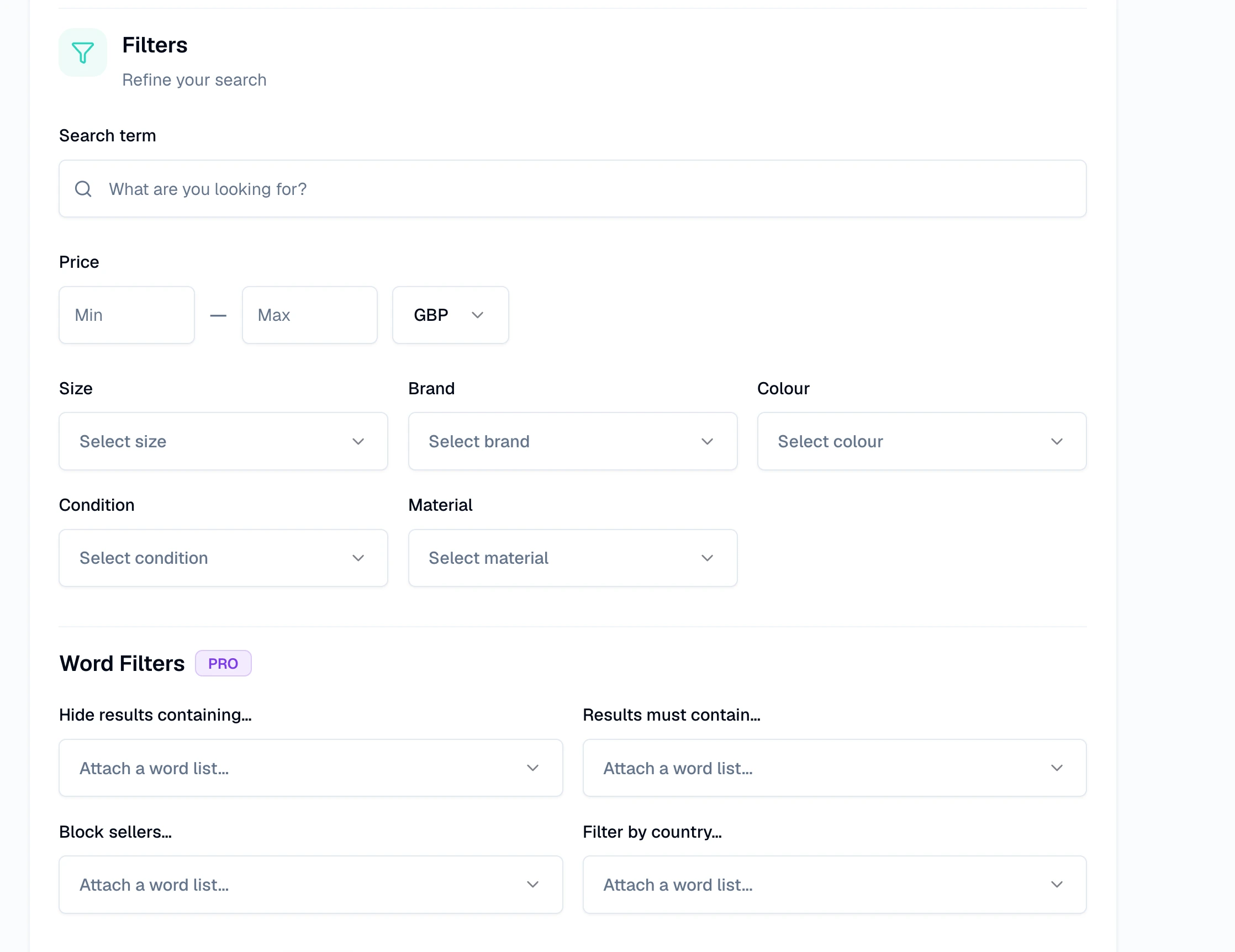 The InstantAlert filter card with search term, price range, size, brand, colour, condition and material fields, plus the Word Filters Pro section with hide-results, must-contain, block-sellers and country sub-filters.