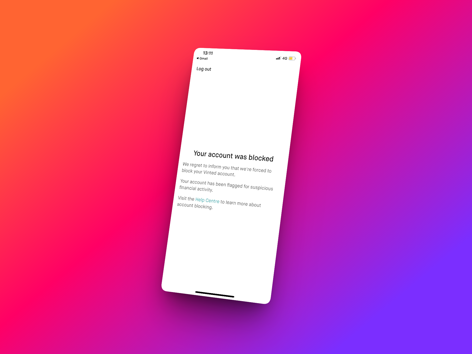 Vinted account blocked message showing account flagged for suspicious activity