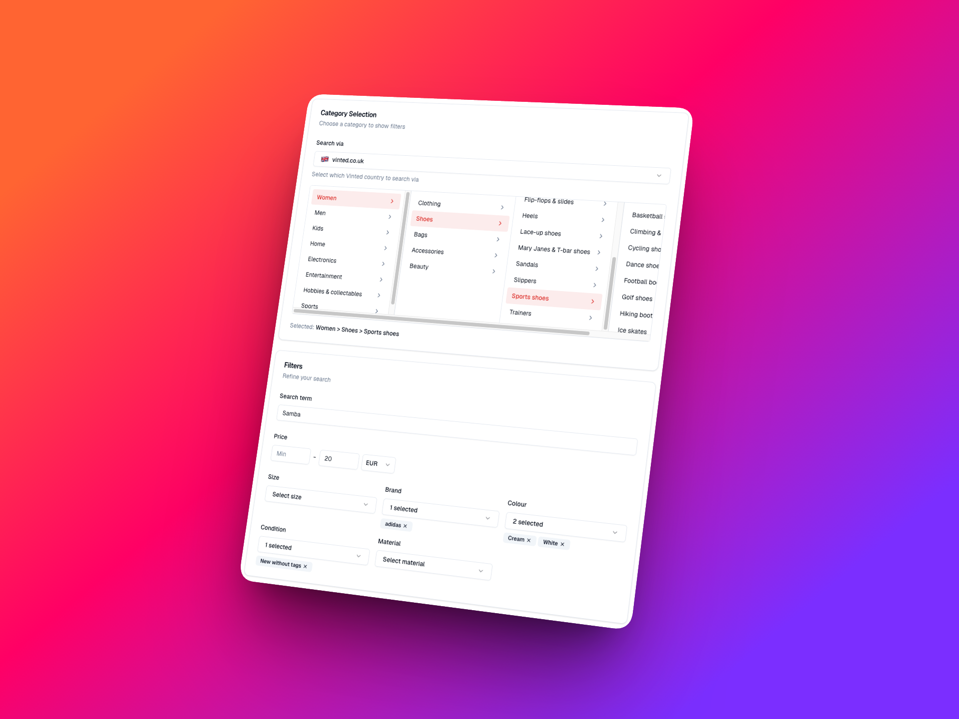 Vinted alert setup interface showing search filters for brand, category, size and price range options