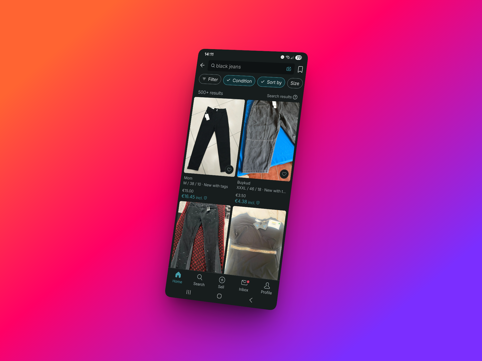 Vinted app search results showing black jeans listings with prices and seller information on smartphone