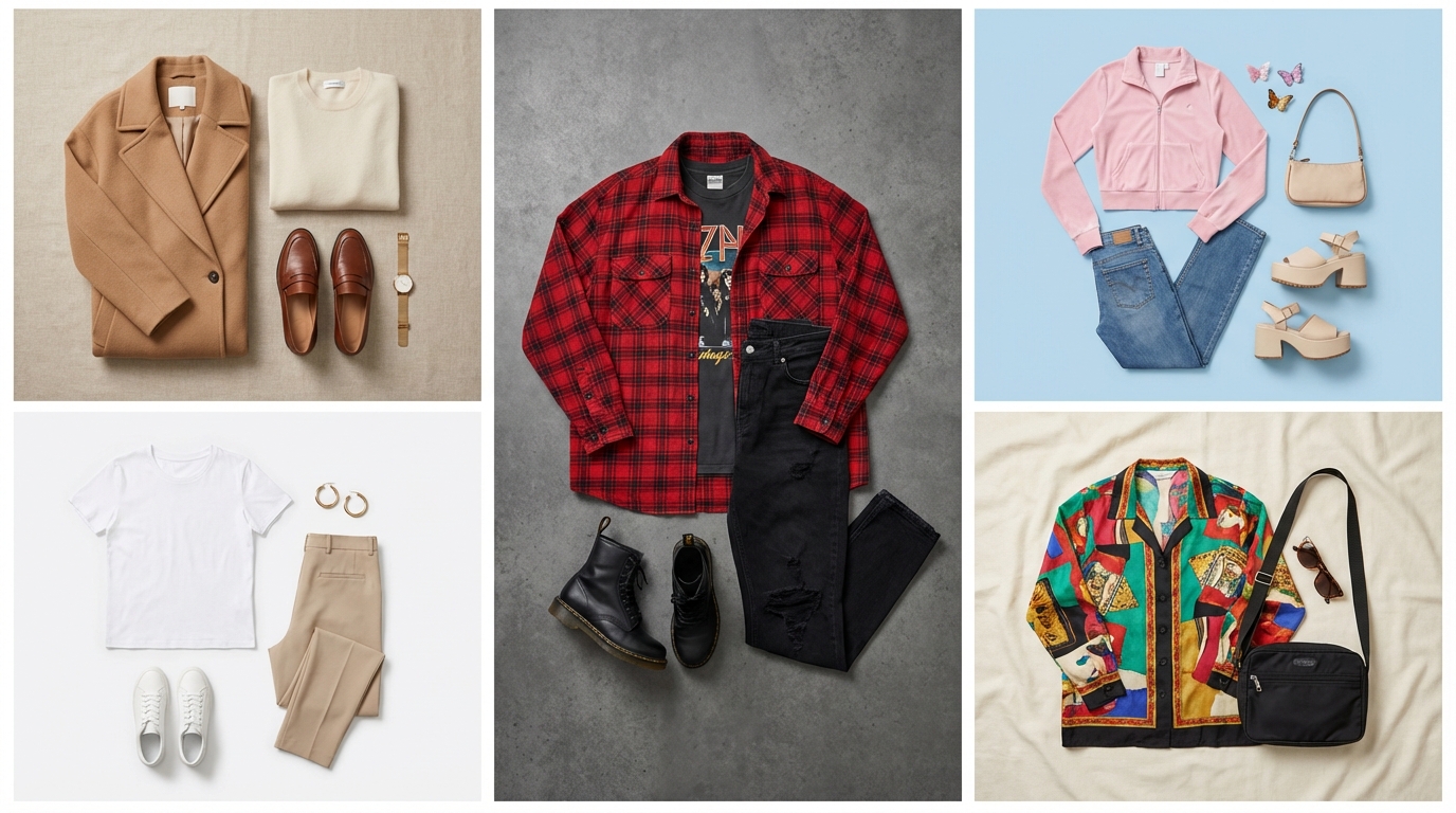 Grid showing five TikTok fashion aesthetics with example items: quiet luxury, Y2K, 90s grunge, clean girl, and archival vintage