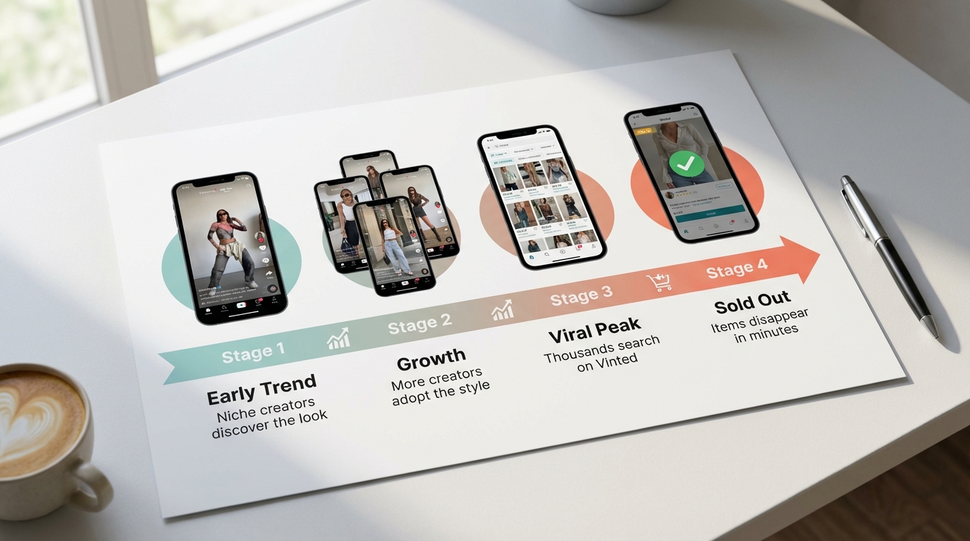 Infographic showing the timeline from TikTok trend to Vinted sellout with stages labeled: early trend, growth, viral peak, sold out