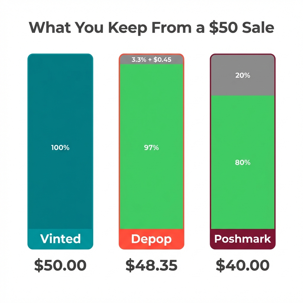 Fee comparison showing what sellers keep from a $50 sale on each platform