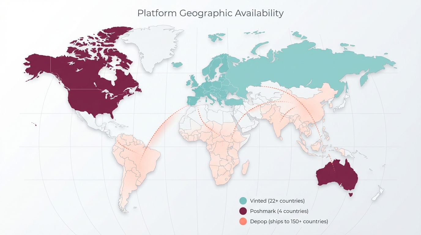Geographic availability map showing Vinted coverage in 22+ countries, Poshmark in 4 countries, and Depop shipping to 150+ countries