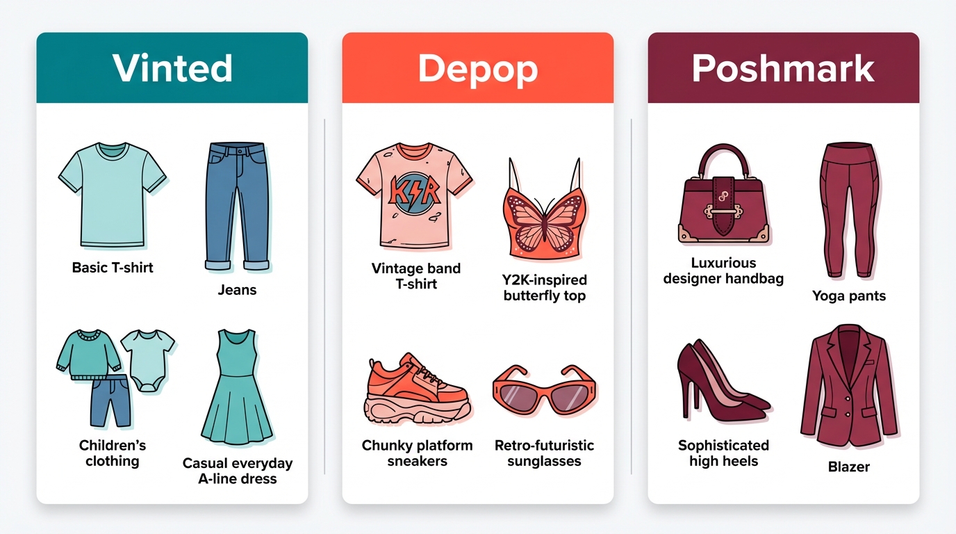 What sells best on each platform - Vinted for everyday fashion, Depop for vintage and Y2K, Poshmark for designer and premium items