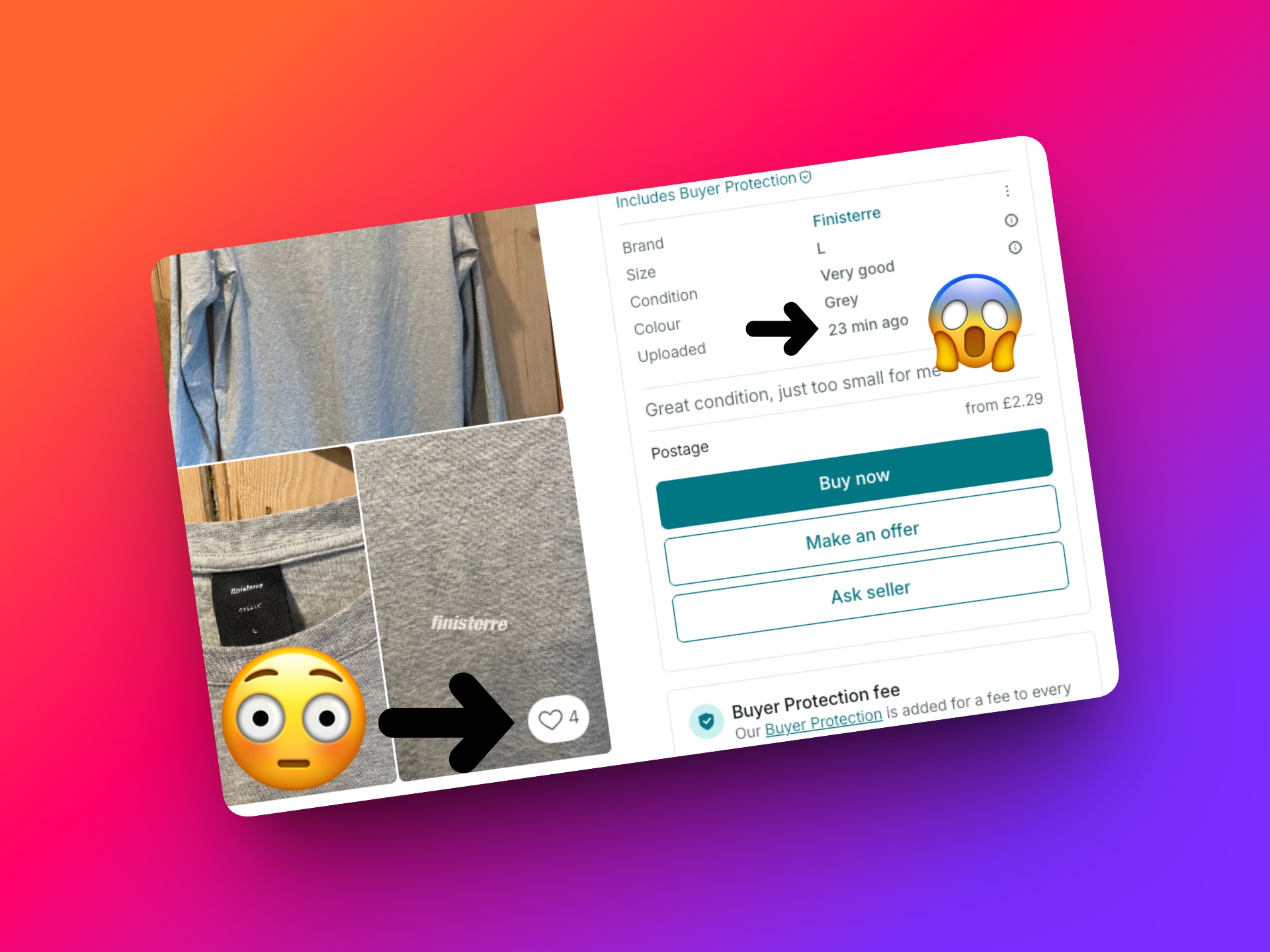 Vinted listing showing item details with upload time indicator demonstrating how quickly items get attention