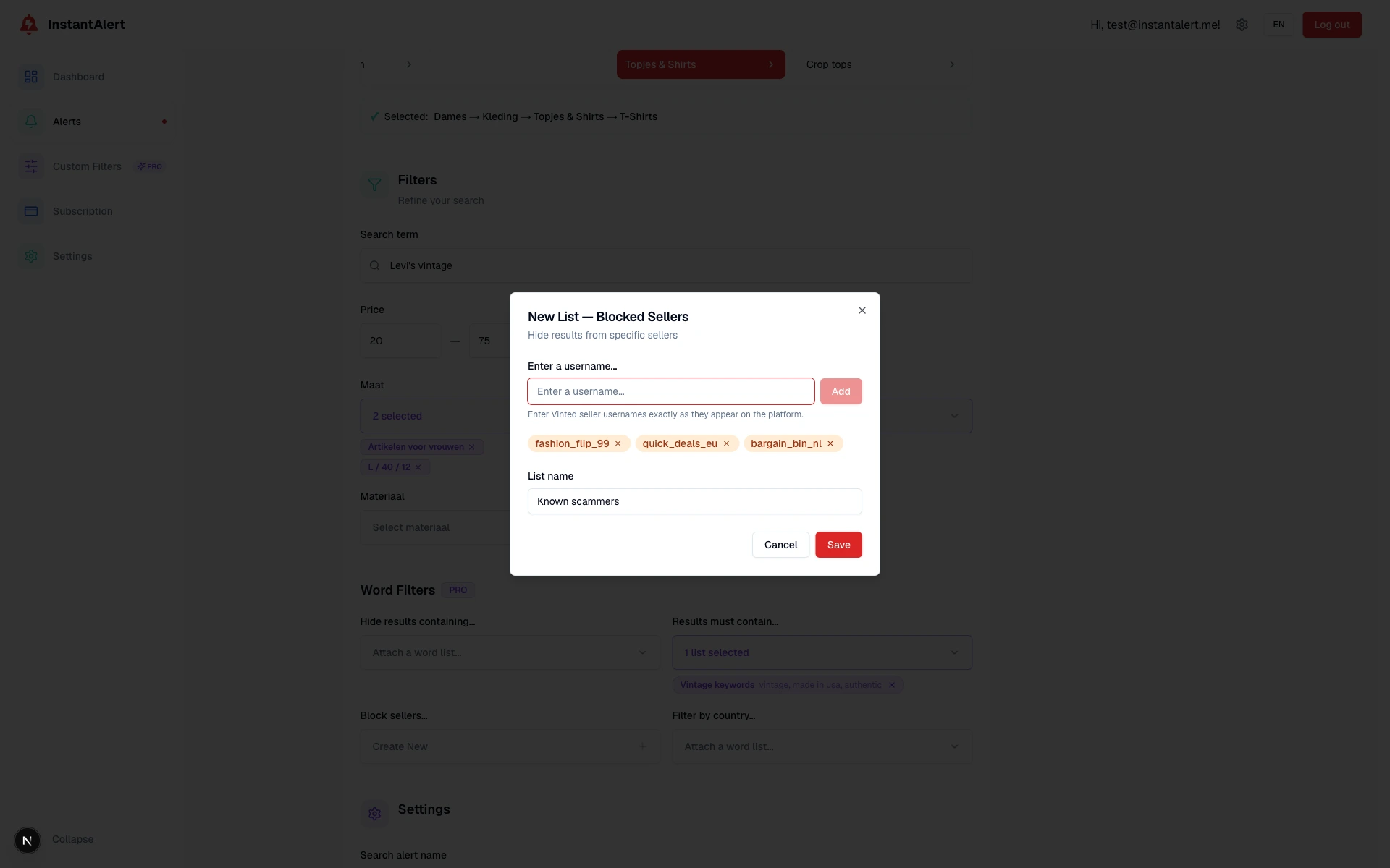 Blocking three Vinted sellers in InstantAlert by adding their usernames (fashion_flip_99, quick_deals_eu, bargain_bin_nl) to a reusable 'Known scammers' list.