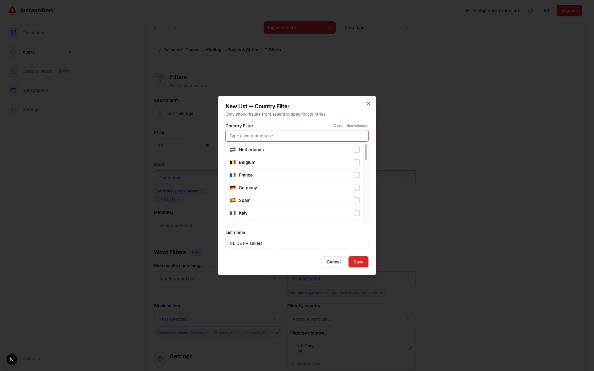 Creating a Vinted seller-country filter in InstantAlert by picking specific EU countries (Netherlands, Belgium, France, Germany, Spain, Italy) the listings must come from.