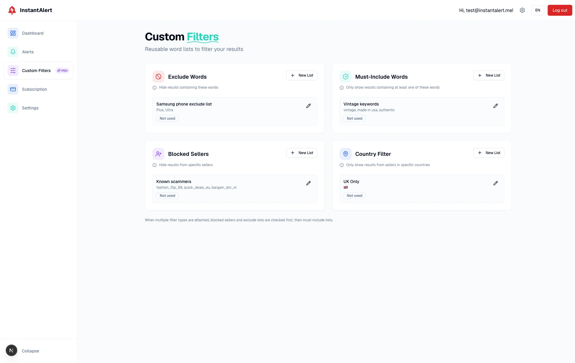 The InstantAlert Custom Filters page showing reusable Vinted word lists for must-include keywords, exclude words, blocked sellers and country filters that can be attached to any saved alert.