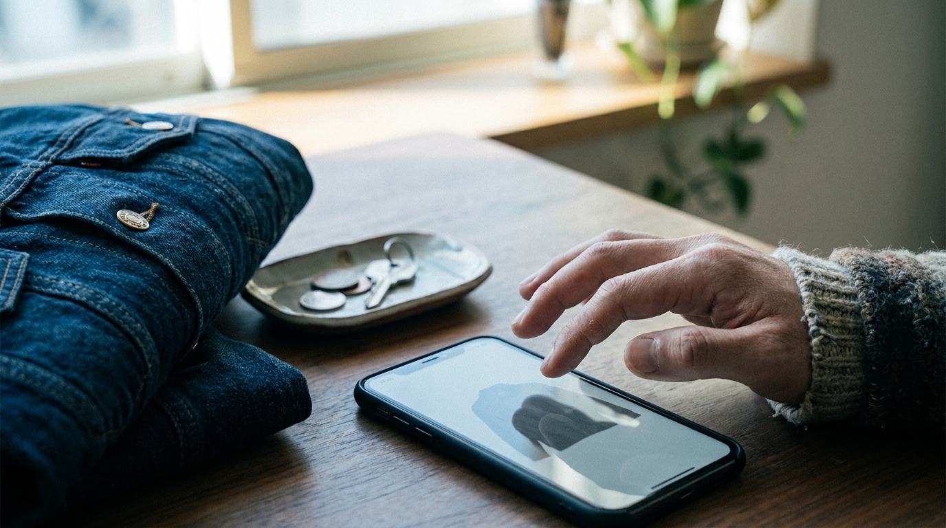 A hand pauses above a phone beside second-hand jeans and coins before deciding whether to buy.