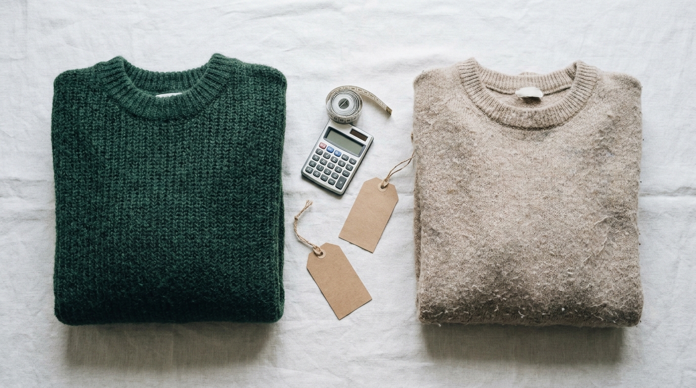 Two second-hand wool jumpers compared beside a calculator, measuring tape and blank price tags.