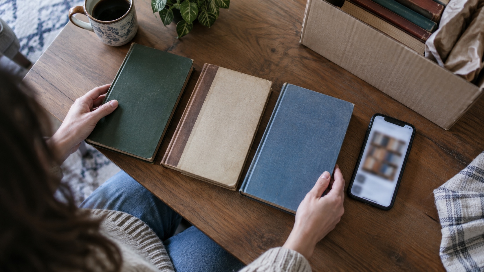 A buyer compares three second-hand books with a blurred marketplace image of a larger book lot