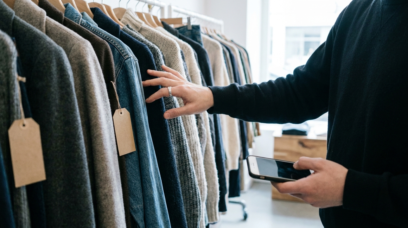 A reseller checking a phone while sourcing from a rail of second-hand jackets and knitwear.