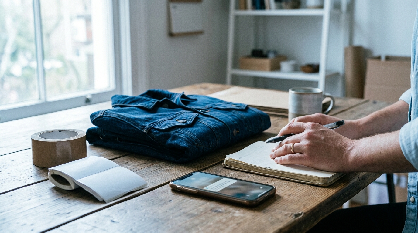 A seller pausing beside a phone with an unreadable offer notification, parcel labels, tape, and a folded jacket.