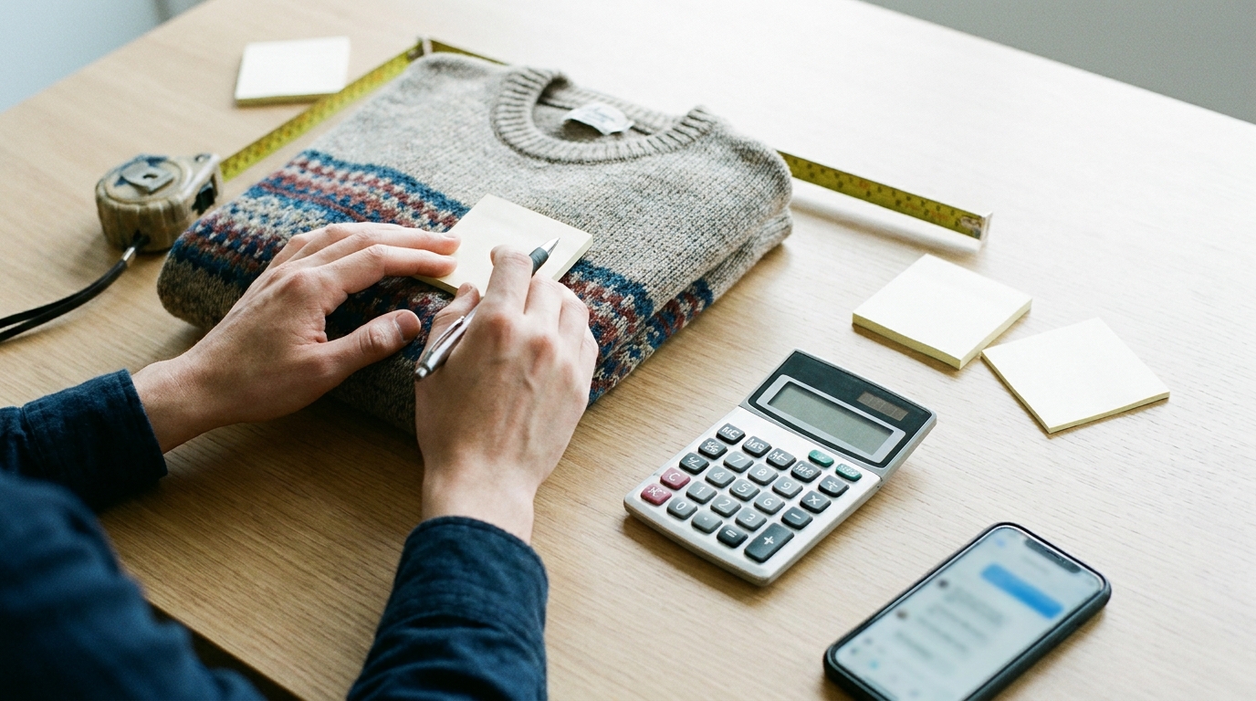 A reseller calculating profit beside a folded jumper, calculator, tape measure, and blank notes.