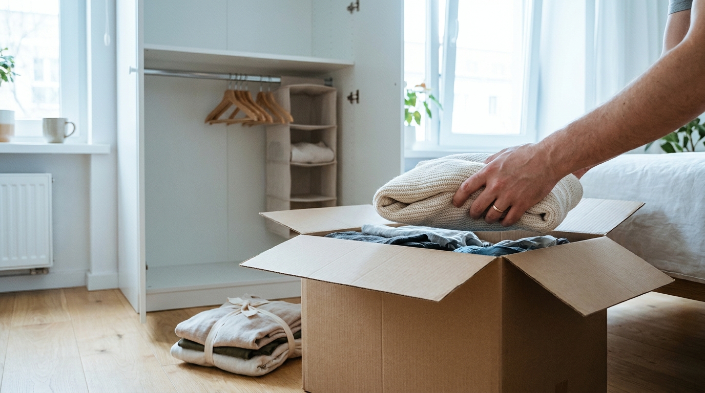 A clean unsold jumper being placed into a donation box beside an emptied wardrobe