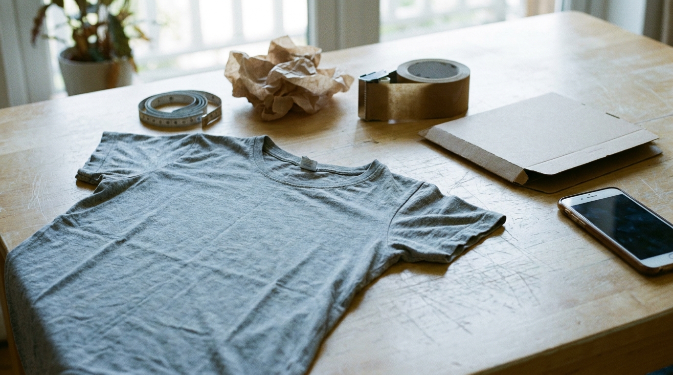 A low-value T-shirt surrounded by the tools needed to prepare one online sale