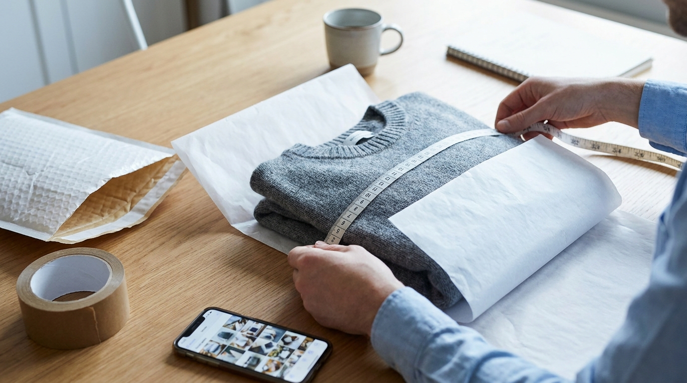 A seller measuring and packing a knitwear item carefully to prevent future disputes