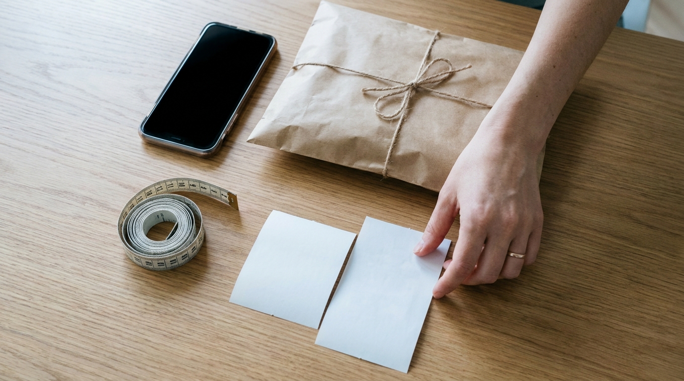 A seller arranging a parcel, plain receipts, and a phone as evidence before contacting Vinted support