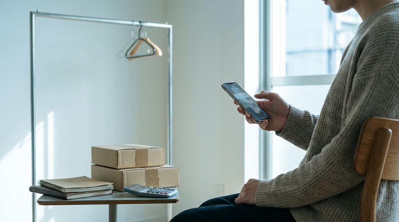 A reseller at a small table checking a phone notification beside parcels, a calculator, and a quiet clothing rail