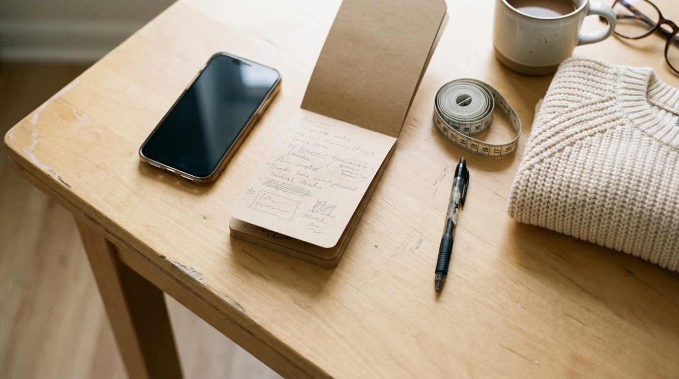 A phone, notebook, tape measure, pen, and folded knit on a bright desk while someone turns a Vinted hunt into a precise saved search