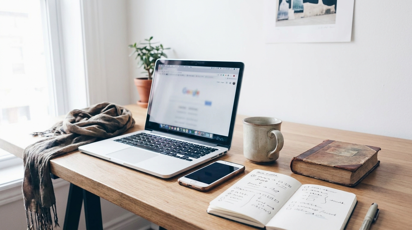 A laptop, phone, notebook, and second-hand items on a bright desk while someone reviews and tunes their Vinted alerts after a week of results