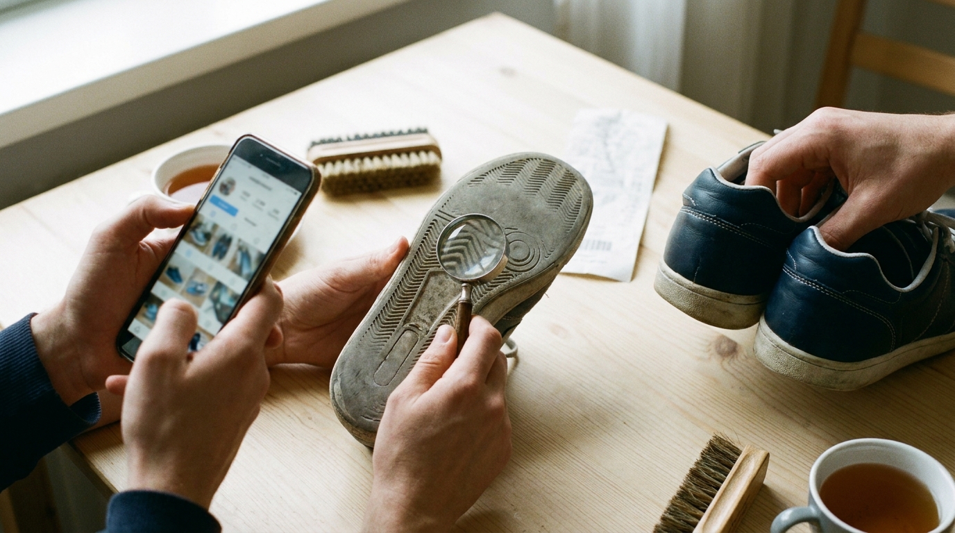 A buyer inspects the worn sole of a second-hand trainer while comparing listing photos
