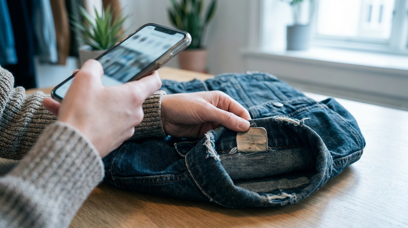 A buyer asks a seller about wear while checking the frayed cuff and label of second-hand jeans