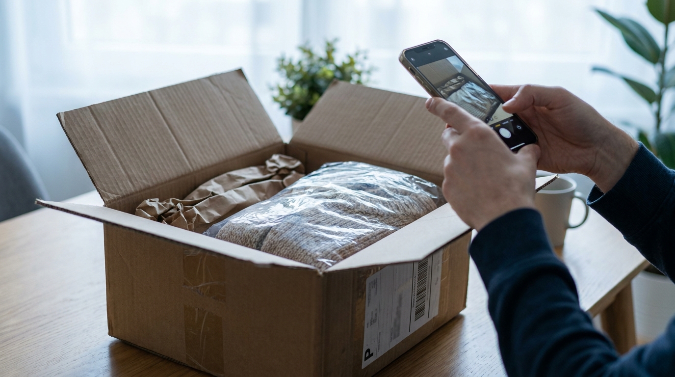 A buyer photographs a newly opened parcel and its packaging before removing the item