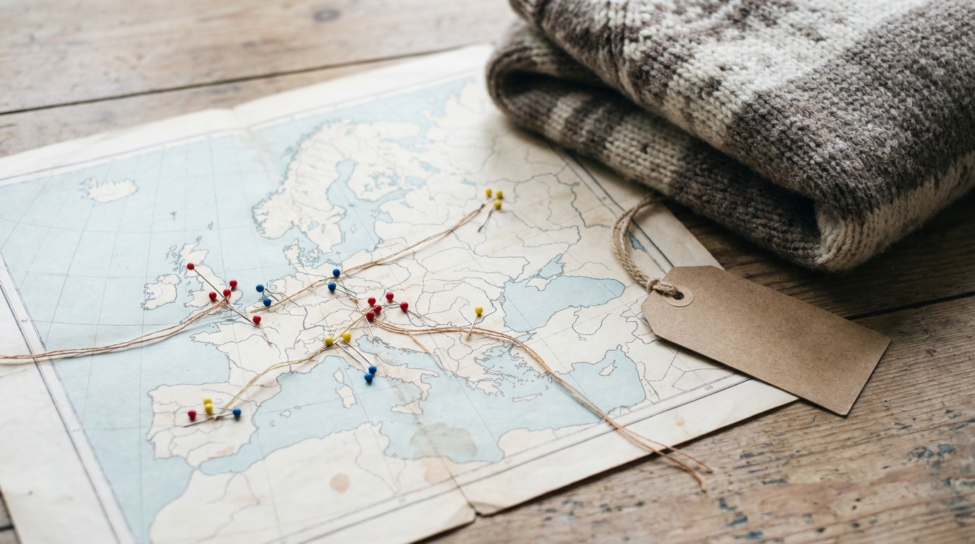 Pins and threads linking regional Vinted marketplaces across a paper map of Europe