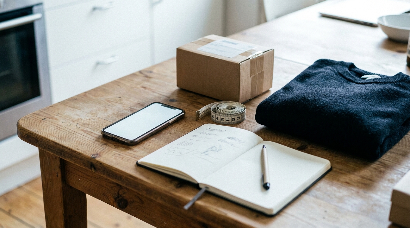 Phone, parcel, measuring tape, notebook, and garment used to check a cross-border purchase