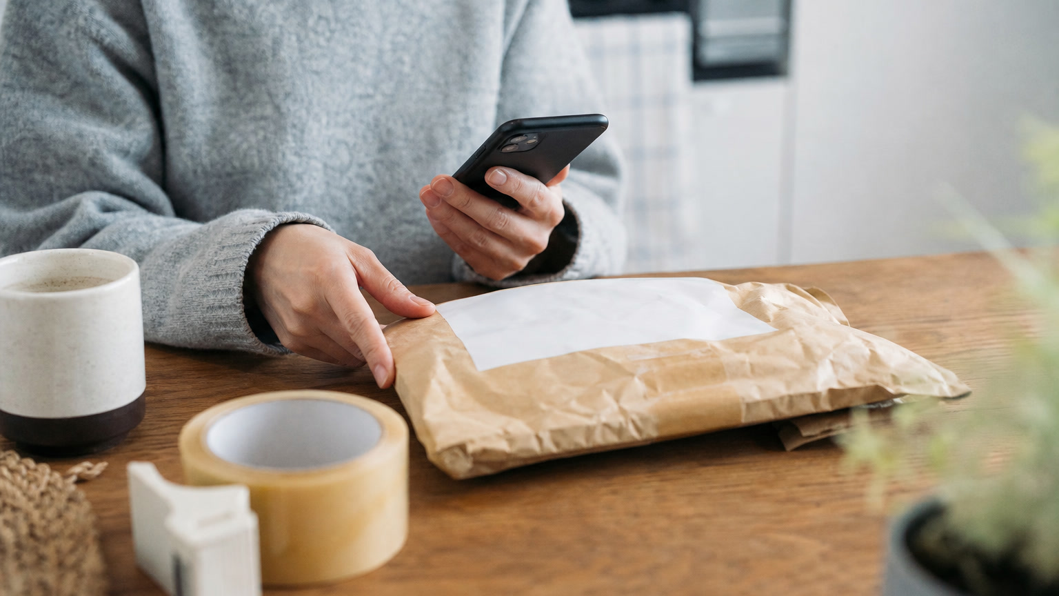 A buyer checking a parcel with a blank shipping label and phone nearby, suggesting a tracking check without readable details.