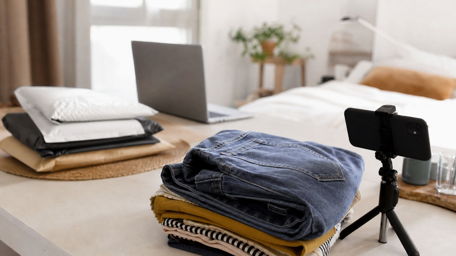 A seller photographing folded second-hand clothes before shipping, with parcels and a laptop in a bright room.