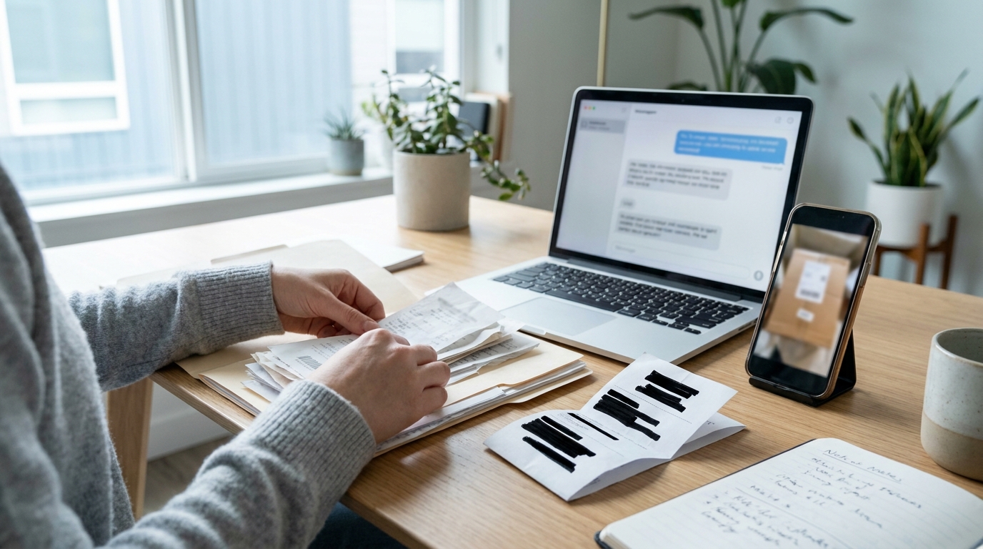 A seller organizing postage records, parcel photos, and messages for a Vinted dispute