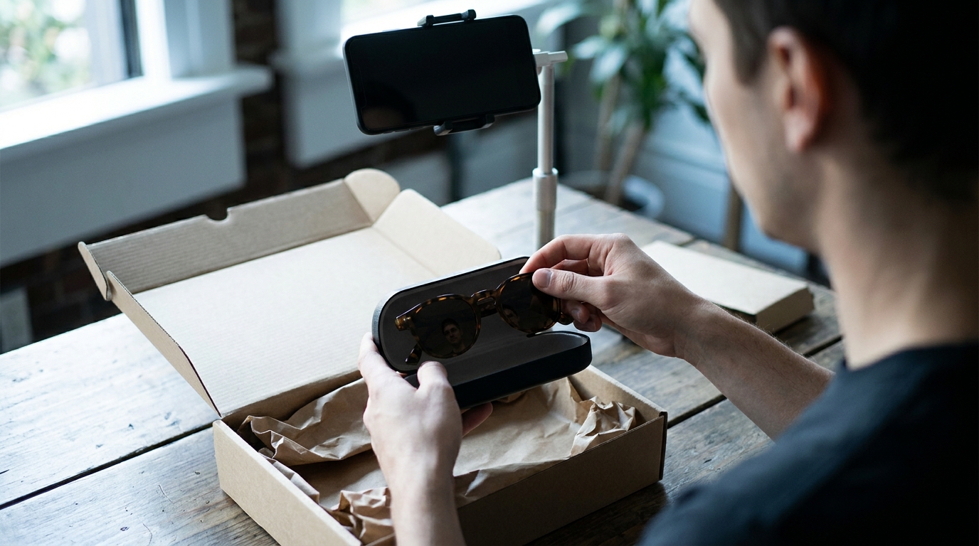 A Vinted seller recording sunglasses being packed into a padded box