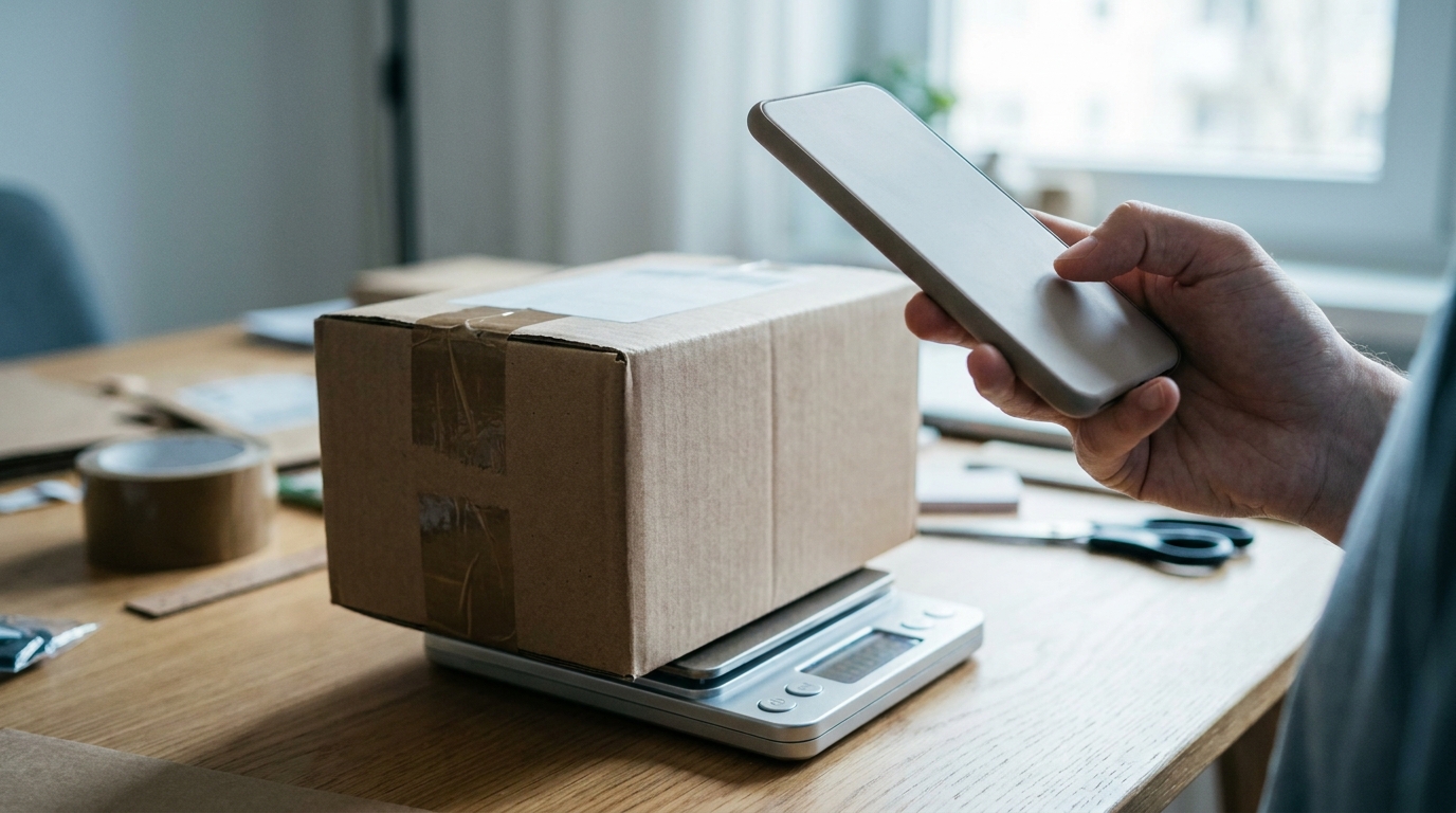A sealed parcel on a digital scale while the seller photographs it