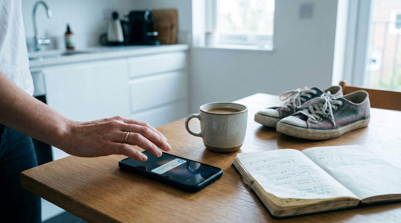A phone alert beside second-hand trainers, notes and coffee as a buyer takes time to assess a new listing.