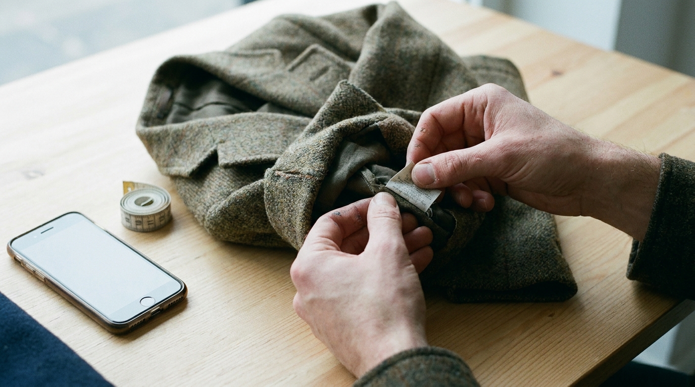 Hands inspecting the label and seams of a second-hand wool jacket after delivery.