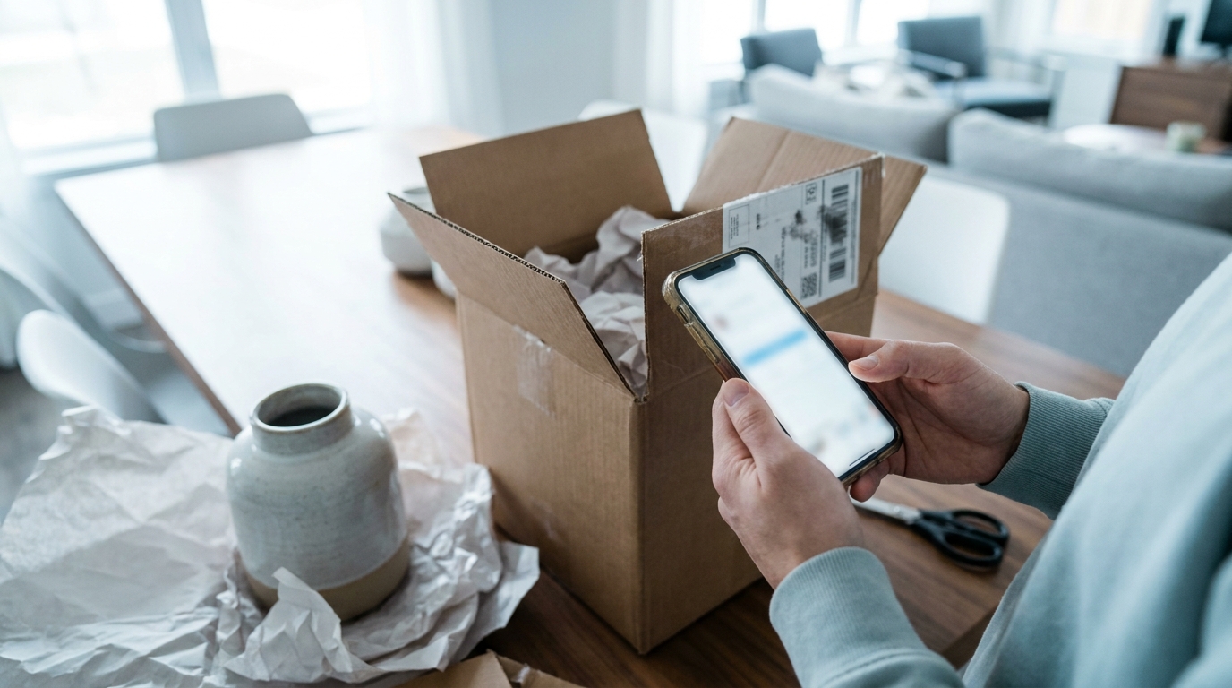A buyer photographing an opened parcel and its contents to document the condition on arrival.