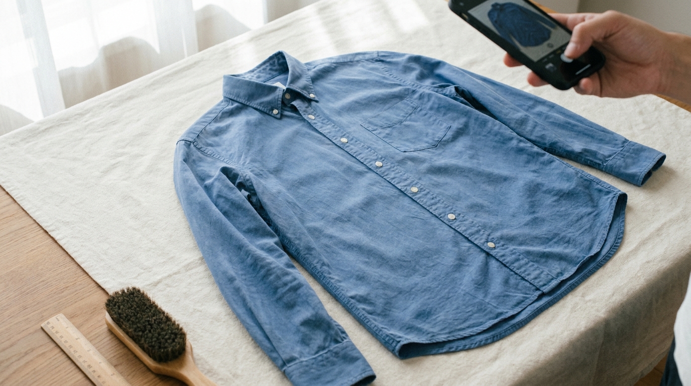 A seller photographs one clean blue shirt laid flat against a plain background