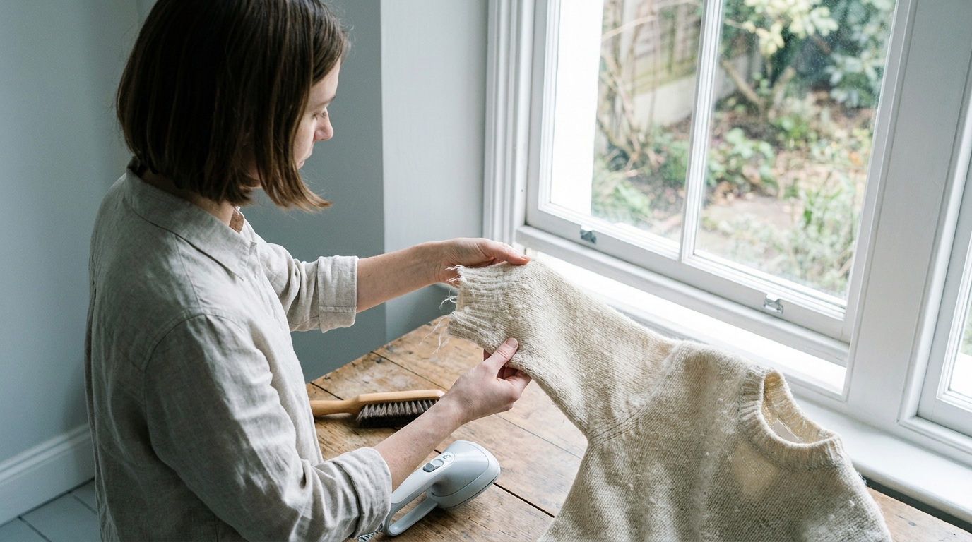 A seller checks a worn jumper cuff in daylight before describing its condition